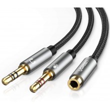 Сплиттер Ugreen переходник-разветвитель 3.5mm 2 AM to 3.5mm AF с нейлоновой оплеткой 20СМ Metal Black (AV140)