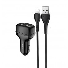 Автомобильное зарядное устройство в прикуриватель HOCO 2USB порта 2.4A + кабель Lightning Black (Z36)
