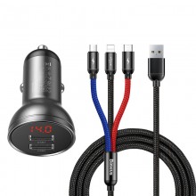 Автомобильное зарядное устройство Baseus с кабелем 3в1 Lightning Micro USB Type-C Black (TZCCBX-0G)