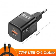 Зарядное устройство KUULAA GaN 33W USB-A QC 3.0 + USB-C PD 3.0 Black + Кабель зарядный KUULAA C-L 1M (RY-U33)