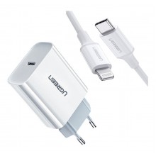 Зарядное устройство Ugreen Quick charge 4.0 PD 3.0 20W + Кабель Ugreen MFi USB-C to Lightning 1M (CD137)